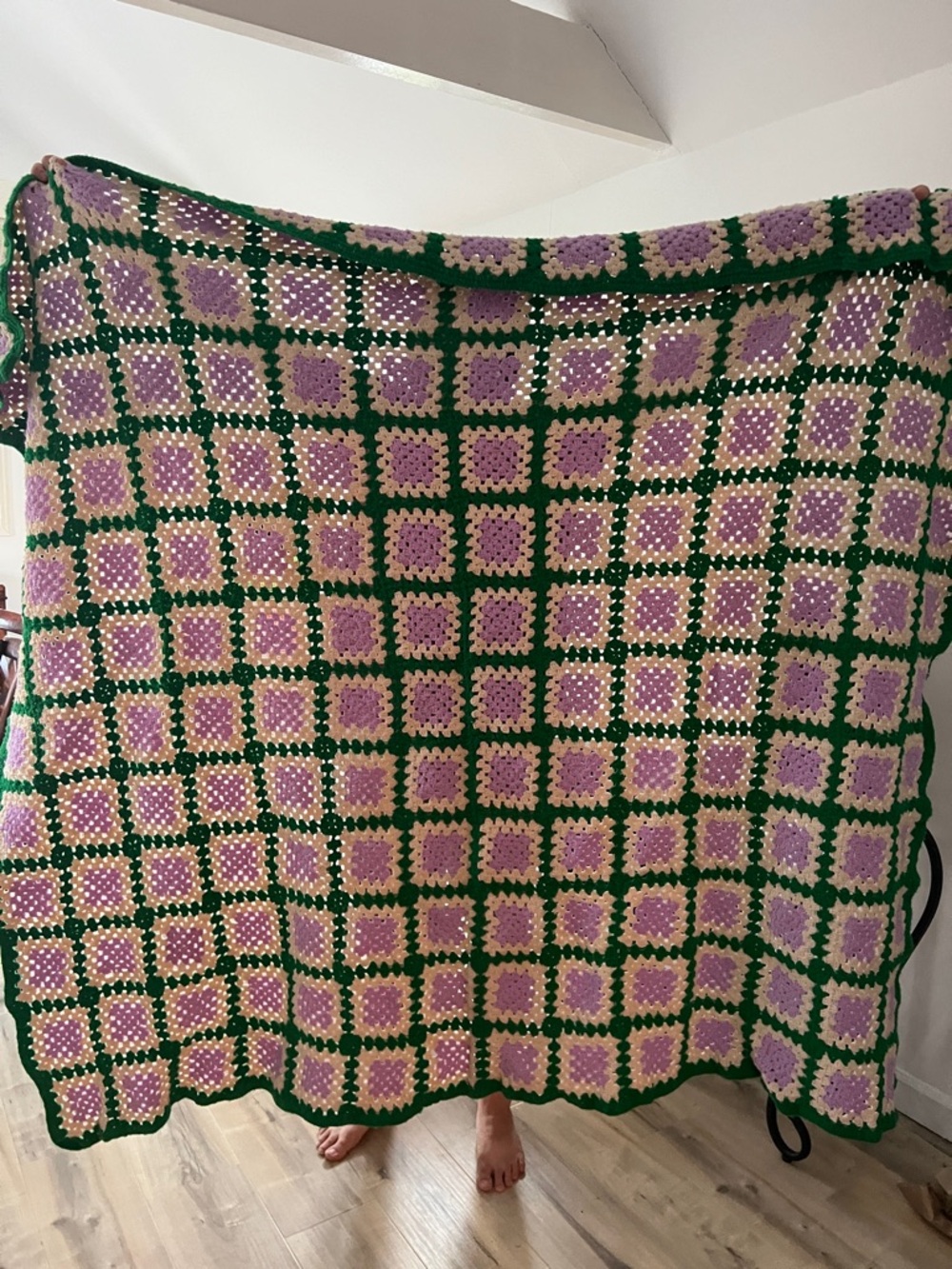 Handmade Crochet Granny Square Throw - Lavender, Cream & Green